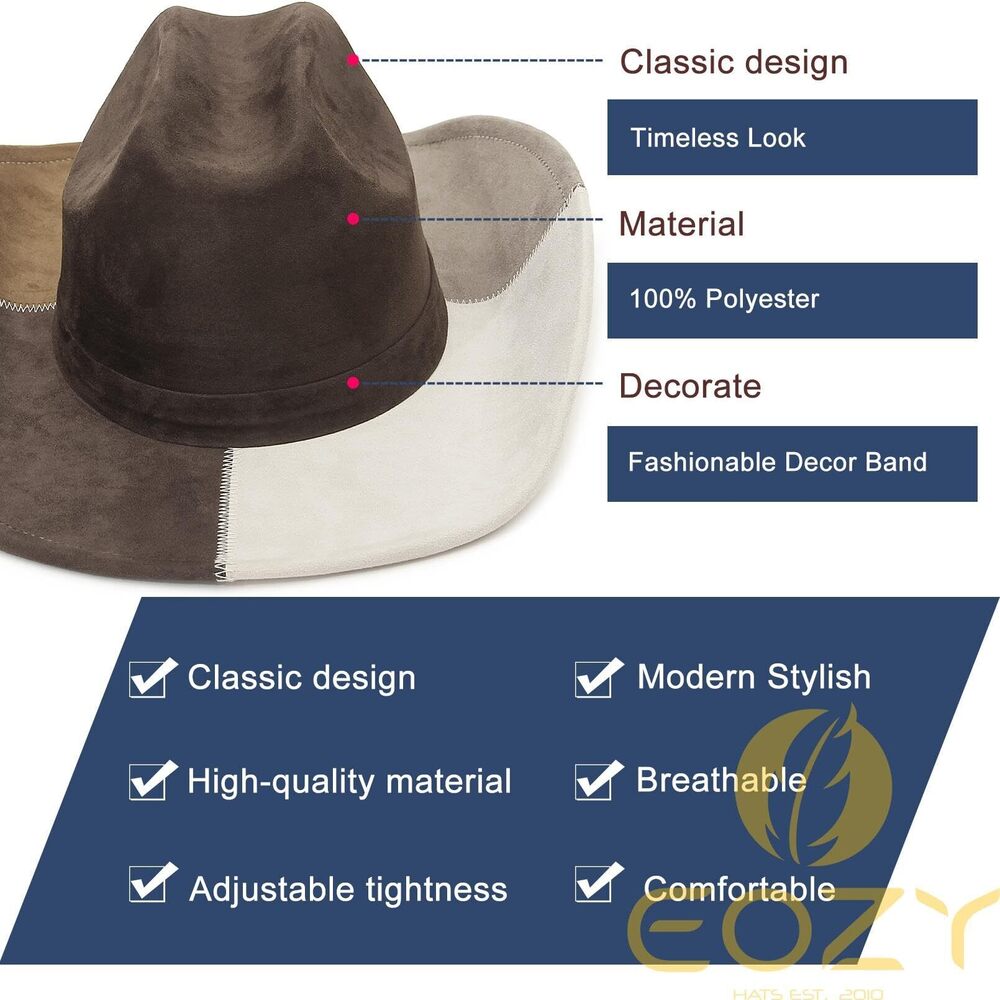 9542 Denim Cowboy Hat For Women Men Big Brim Suede Patchwork Cowgirl Hat - Picture 6 of 7
